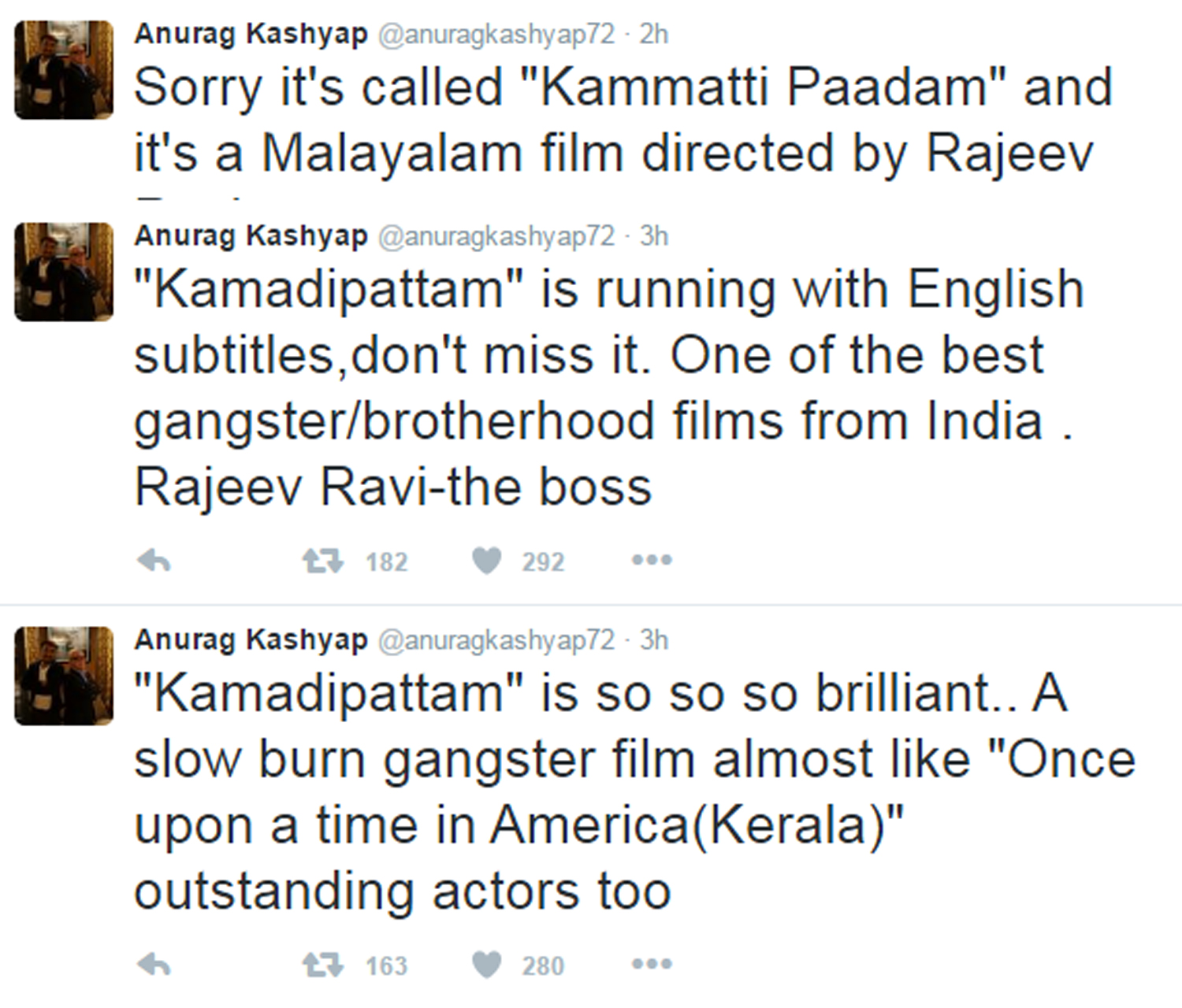 Bollywood director Anurag Kashyap showers praise on Kammattipaadam