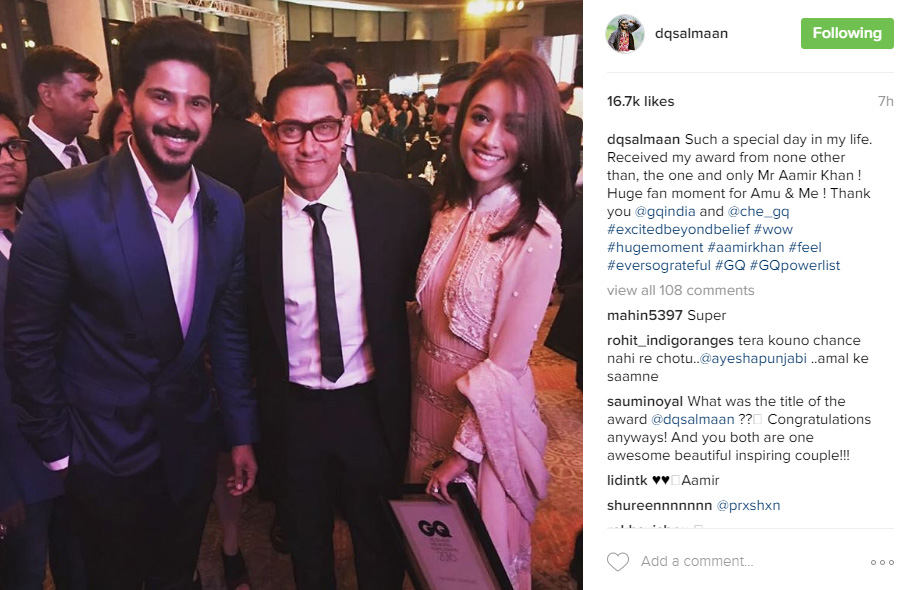 Dulquer wife Amal Sufia, Aamir Khan, GQ India, GQ India awards, dulquer gq india award, dulquer award aamir khan, most stylish actor in india